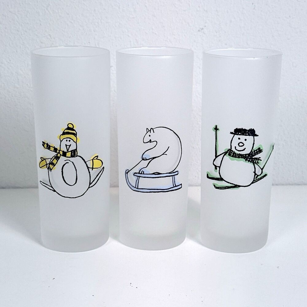 3 Vintage Dartington Designs Frosted Winter Holiday Frosted Highball Glasses 80s